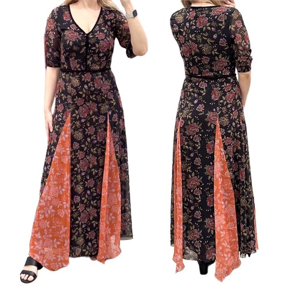 Anthropologie Laia Ines Floral Print Contrast Maxi Dress in Black Motif Size S - Picture 4 of 17